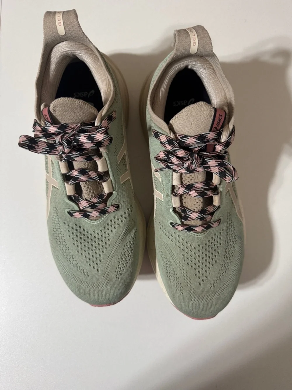 Asics Women's Sage Green and Beige Athletic Sneakers with Pink-Patterned Laces - Picture 2 of 3